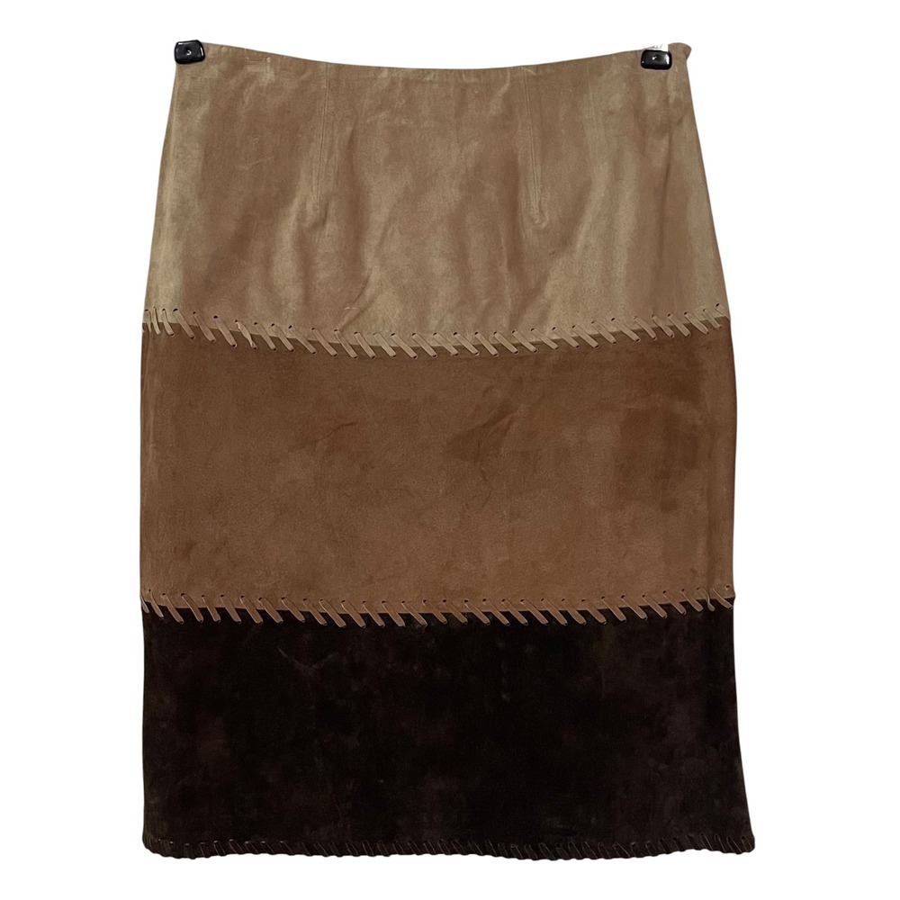 Vtg Madison Studio Brown Colorblock Patchwork Whipstitch Suede Pencil Skirt 6